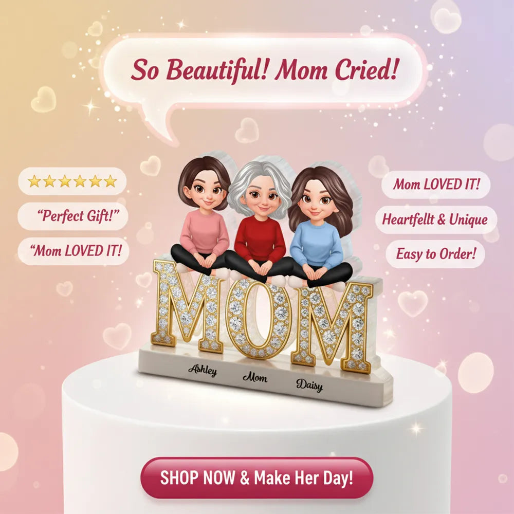 Personalized Shaped Acrylic Block Plaque with Mom & Daughters Cartoon Illustration, Sparkly MOM Shelf Decor, Unique Gift for Mom