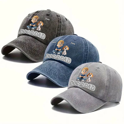 Personalized Unstructured Washed Cotton Cap With Cartoon Dog Dad Art, Unique Gift for Dog Lover