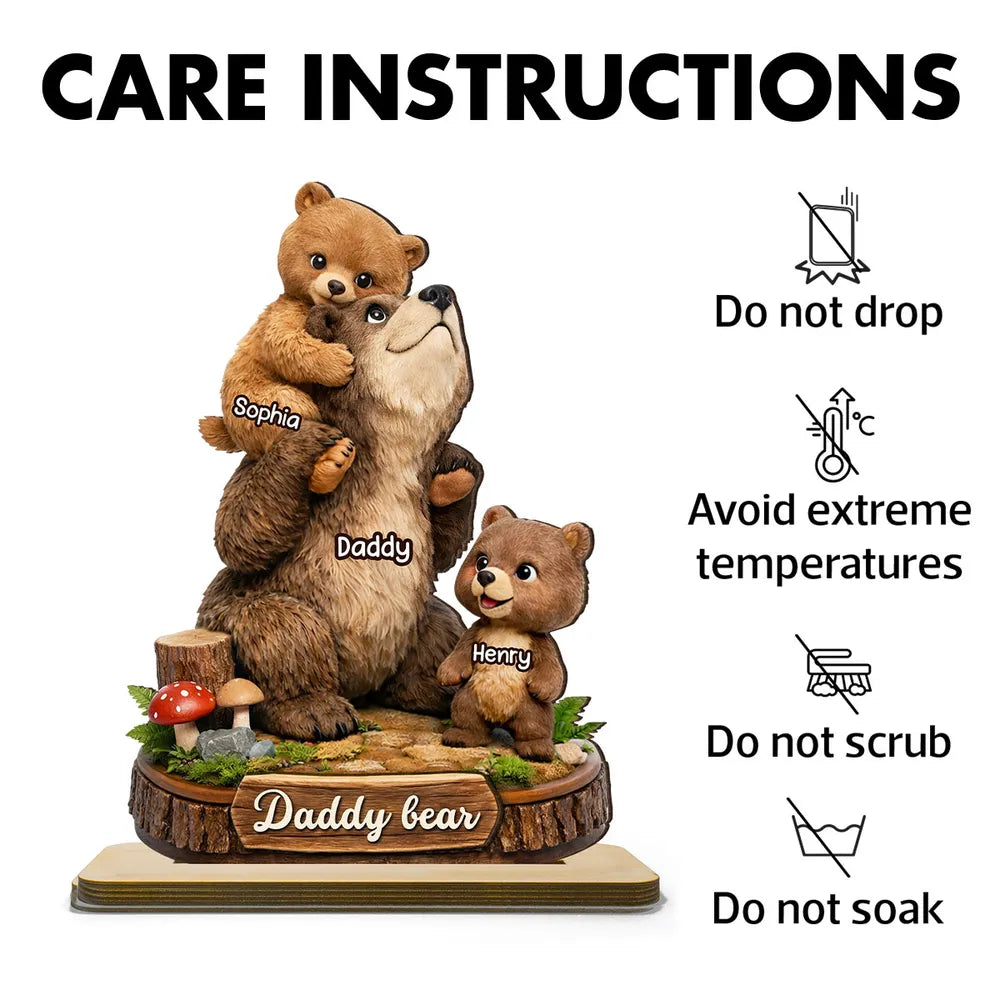 Personalized Papa Bear 2-Layer Wooden Plaque, Cute Bear Family Hugging Scene, Unique Father's Day Gift for Dad or Grandpa