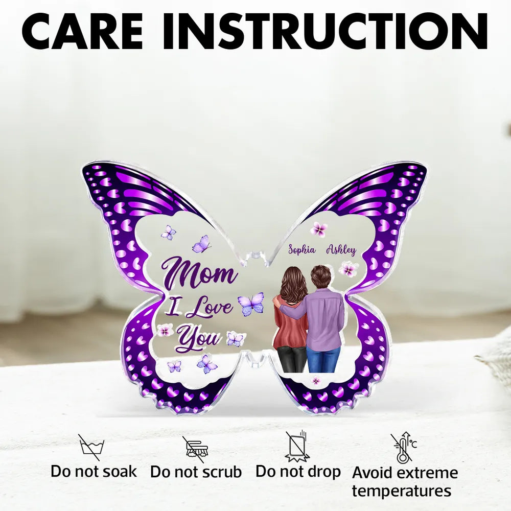 Personalized Butterfly Shaped Acrylic Block Plaque, Mom I Love You Gift, Hugging Mom & Daughter Keepsake for Shelf Decor