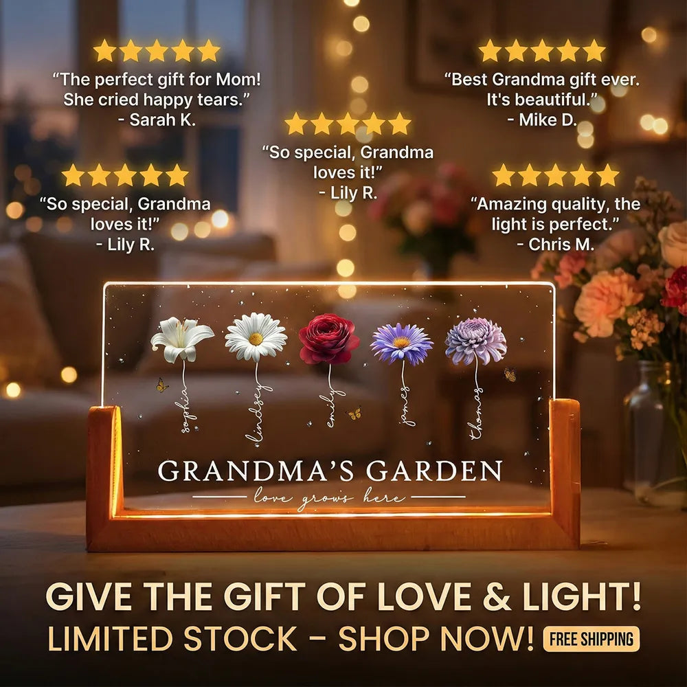 Personalized Grandma's Garden LED Light Frame With Birth Flowers, Cozy Nightstand Glow, Unique Gift For Grandma