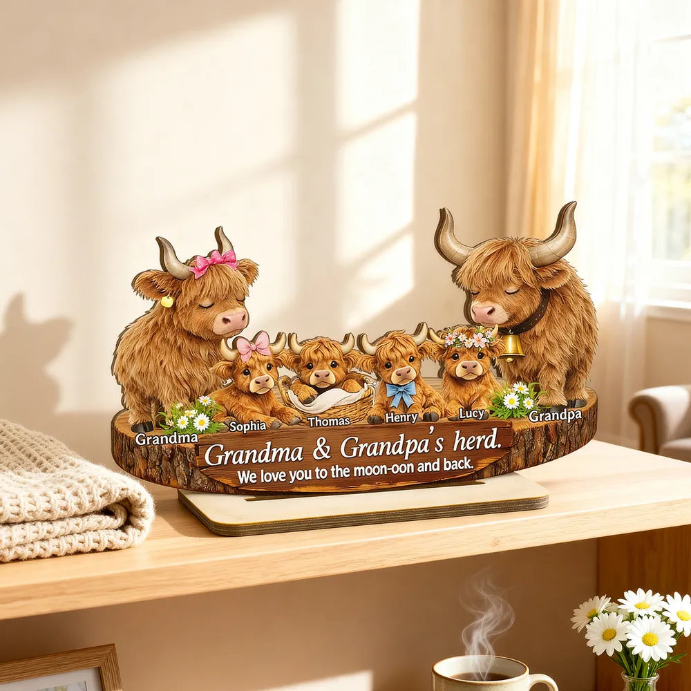 Personalized 2-Layer Wooden Plaque Highland Cow Family, Grandma & Grandpa's Herd, Unique Gift for Grandparents