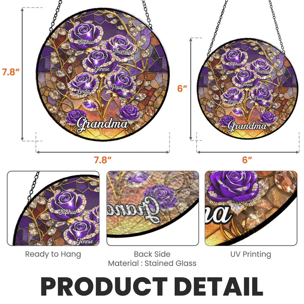 Personalized Glass Suncatcher Ornament with Purple Roses for Grandma, Stained Glass Style Window Display, Unique Keepsake Gift