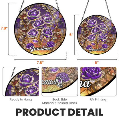 Personalized Glass Suncatcher Ornament with Purple Roses for Grandma, Stained Glass Style Window Display, Unique Keepsake Gift
