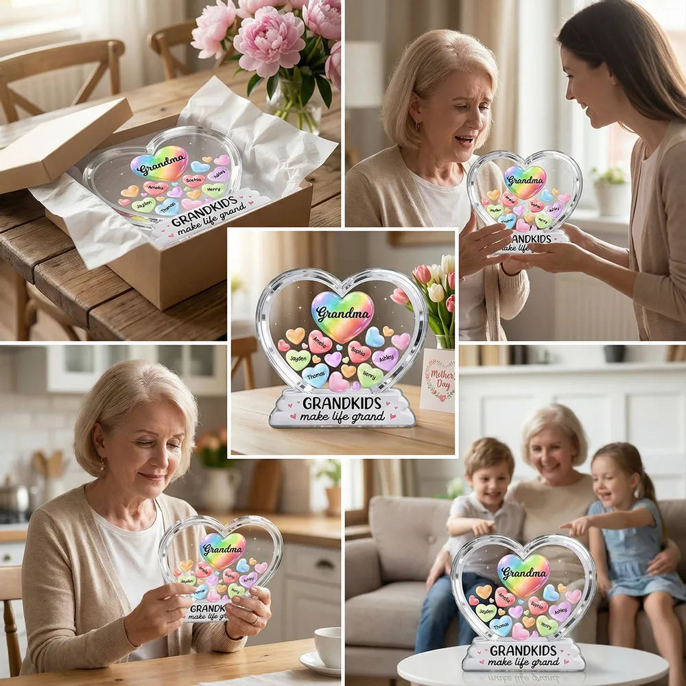 Personalized Shaped Acrylic Block Plaque for Grandma, Colorful Heart Grandkids Design, Sweet Shelf Decor, Unique Gift