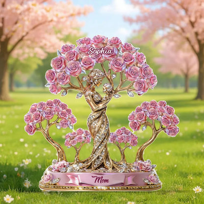 Personalized Shaped Acrylic Block Plaque with Mom and Child Under Rose Trees, Unique Heartfelt Gift for Mom