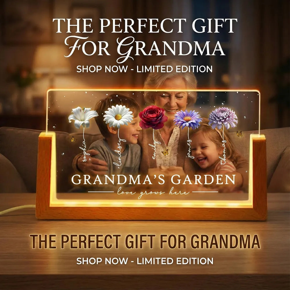 Personalized Grandma's Garden LED Light Frame With Birth Flowers, Cozy Nightstand Glow, Unique Gift For Grandma