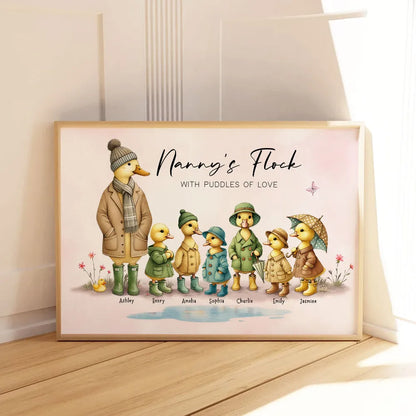 Personalized Nanny's Flock Poster, Cute Duck Family Wall Art, Unique Gift for Grandma or Nana, Warm Modern Decor