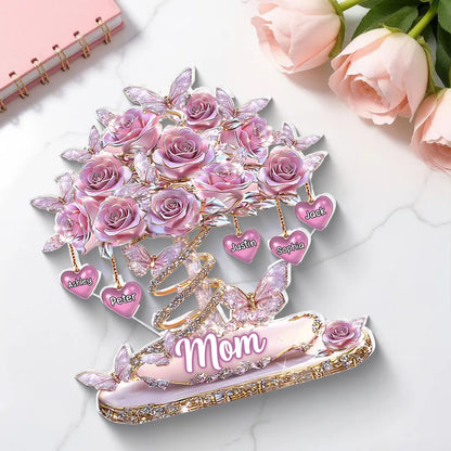 Personalized Heart Rose Tree Shaped Acrylic Block Plaque for Mom, Sparkly Butterfly Shelf Decor, Unique Gift