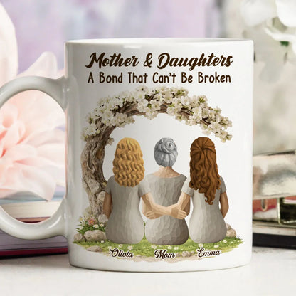 Personalized Mother & Daughter White Ceramic Mug with Back View Hug Under Blossom Tree, Unique Mother's Day Gift