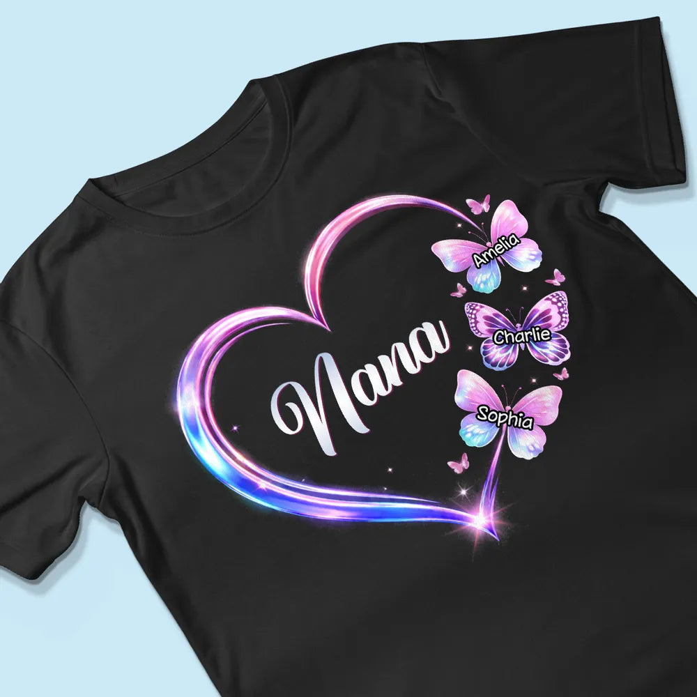 Personalized Grandma Butterfly Heart Classic Tee, Custom Keepsake Gift for Grandma, Glowing Neon Style Love Design