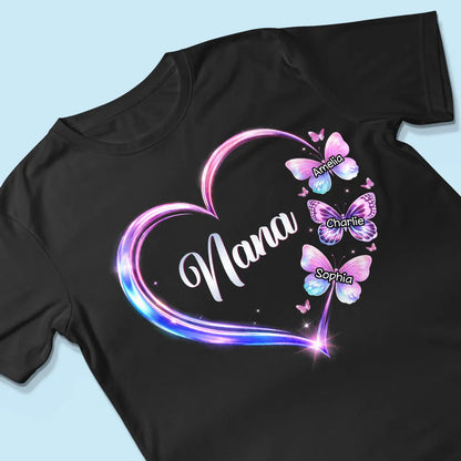 Personalized Grandma Butterfly Heart Classic Tee, Custom Keepsake Gift for Grandma, Glowing Neon Style Love Design