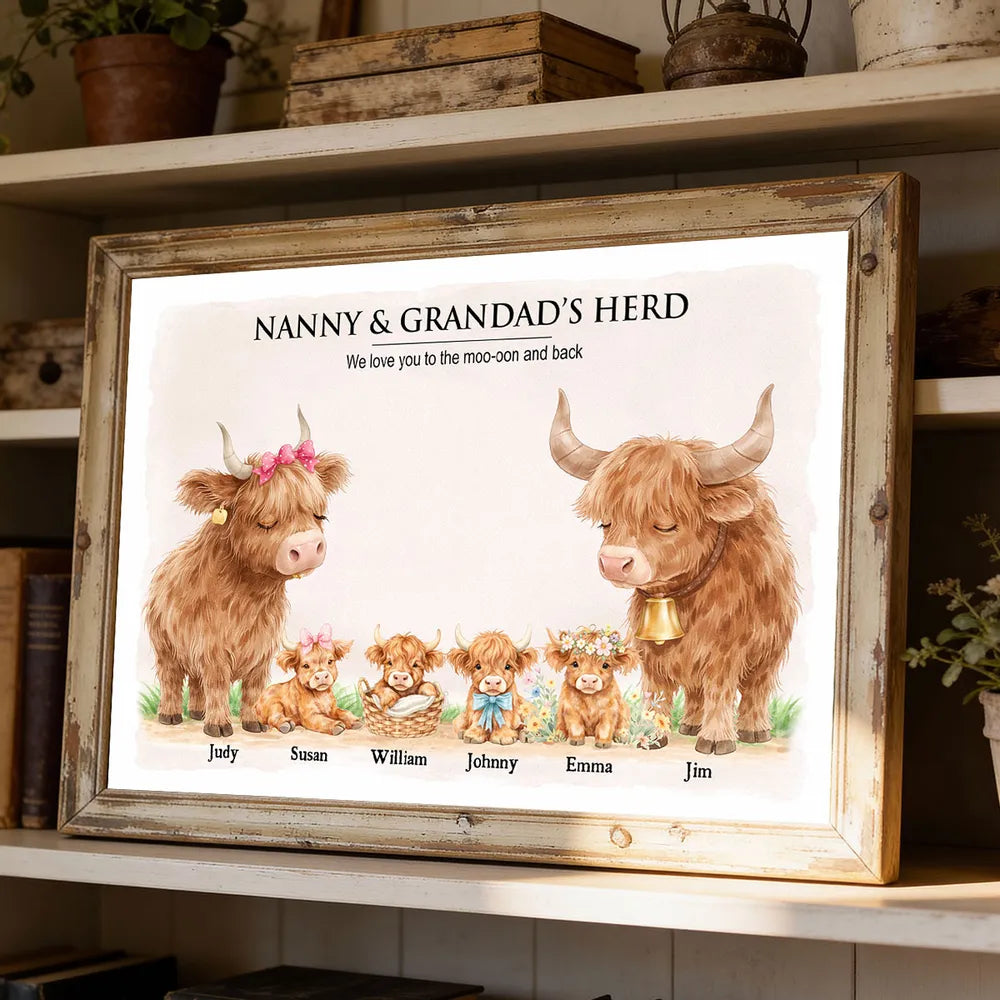 Personalized Highland Cow Family Poster, Nanny & Grandad's Herd Wall Art, Sweet Farm Nursery Decor, Unique Gift for Grandma & Grandpa