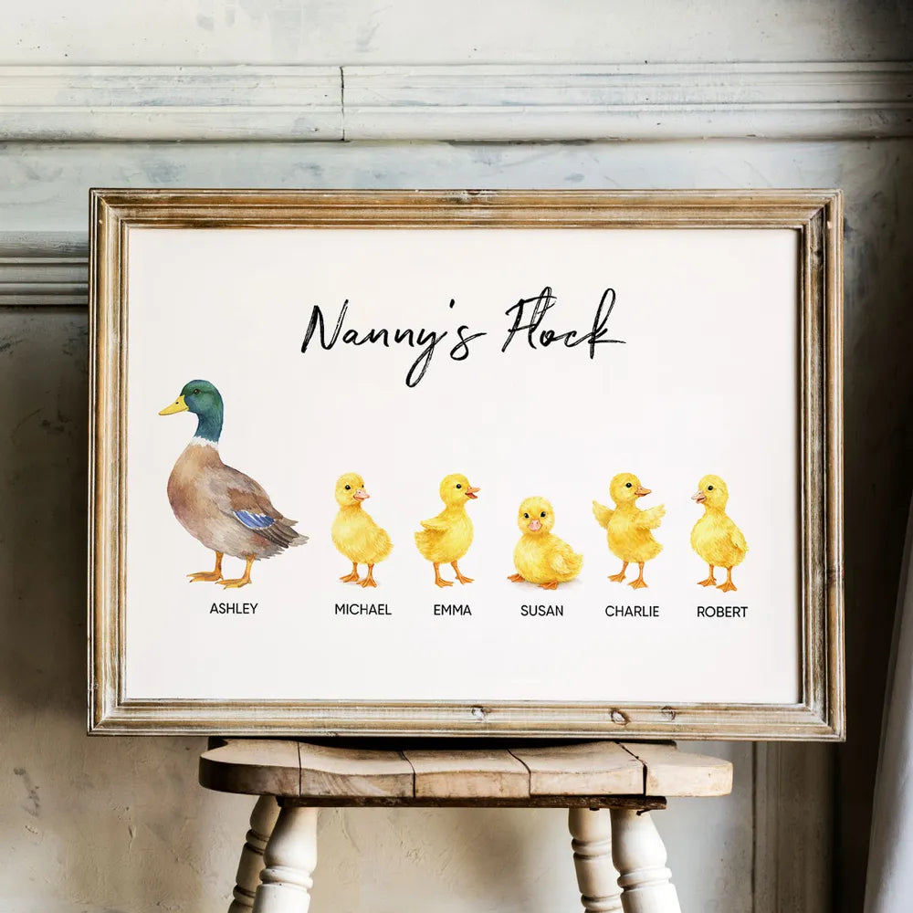 Personalized Grandma Poster, Watercolor Duck and Ducklings Nursery Wall Art, Sweet Gift for Nanny's Home Decor