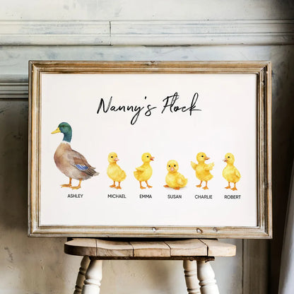 Personalized Grandma Poster, Watercolor Duck and Ducklings Nursery Wall Art, Sweet Gift for Nanny's Home Decor