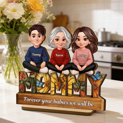Personalized 2-Layer Wooden Plaque Mom Sign With Butterfly Art, Cute Cartoon Women Sitting, Unique Mother's Day Gift