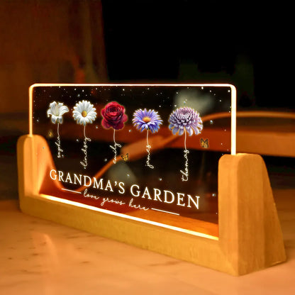 Personalized Grandma's Garden LED Light Frame With Birth Flowers, Cozy Nightstand Glow, Unique Gift For Grandma