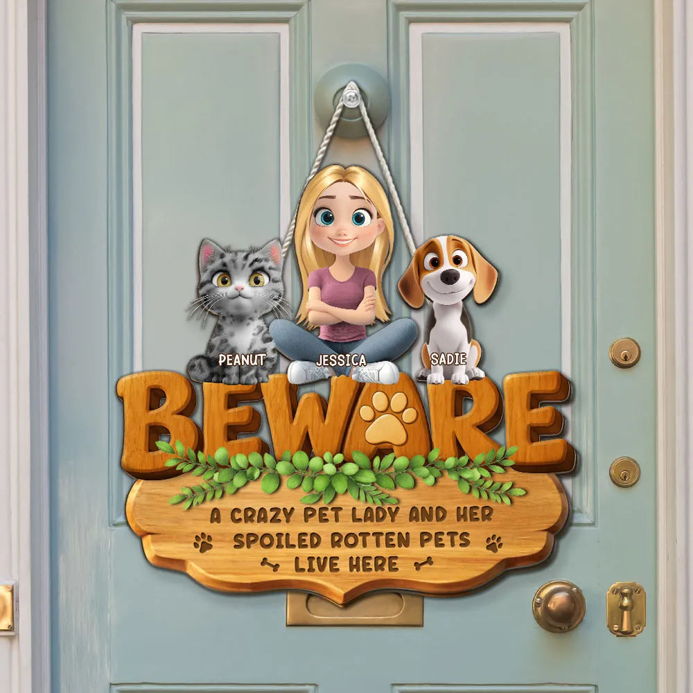 Beware Pet Lady Wooden Sign, Custom Cat & Dog Home Decor, Unique Creative Gift for Dog & Cat Lover