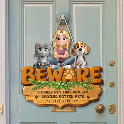 Beware Pet Lady Wooden Sign, Custom Cat & Dog Home Decor, Unique Creative Gift for Dog & Cat Lover