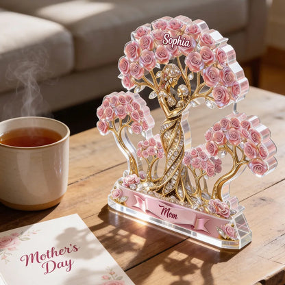 Personalized Shaped Acrylic Block Plaque with Mom and Child Under Rose Trees, Unique Heartfelt Gift for Mom