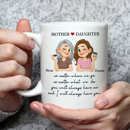 Personalized Mother Daughter Ceramic Mug With Cute Cartoon And Sweet Quote, Unique Gift For Mom From Daughter