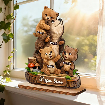 Personalized Papa Bear 2-Layer Wooden Plaque, Cute Bear Family Hugging Scene, Unique Father's Day Gift for Dad or Grandpa