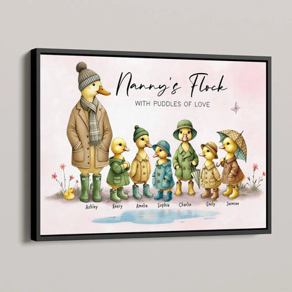 Personalized Nanny's Flock Poster, Cute Duck Family Wall Art, Unique Gift for Grandma or Nana, Warm Modern Decor