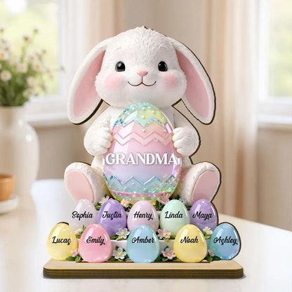 2-Layer Wooden Plaque Personalized for Grandma - Cute Bunny with Pastel Eggs Easter Decor, Heartwarming Custom Gift