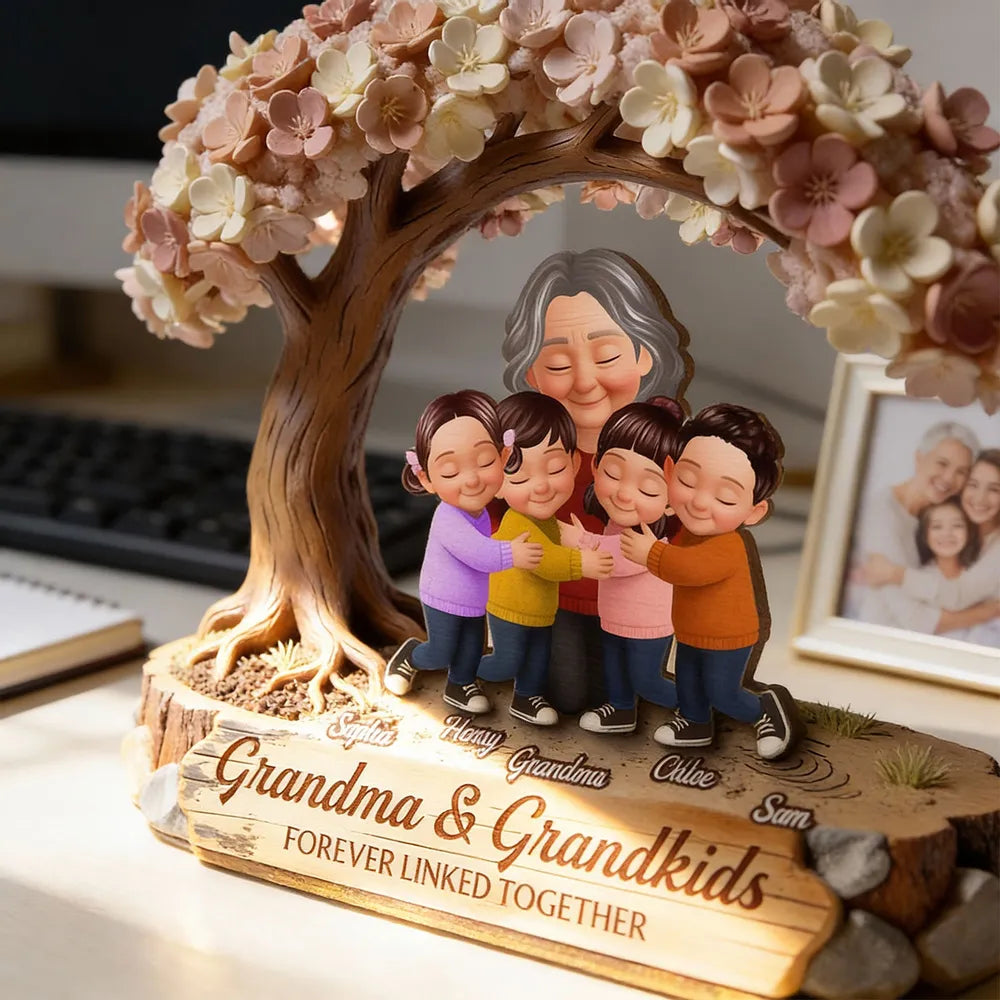 Personalized 2-Layer Wooden Plaque with Hugging Grandma & Grandkids Under Blossom Tree - Unique Family Keepsake Gift