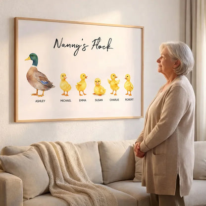Personalized Grandma Poster, Watercolor Duck and Ducklings Nursery Wall Art, Sweet Gift for Nanny's Home Decor