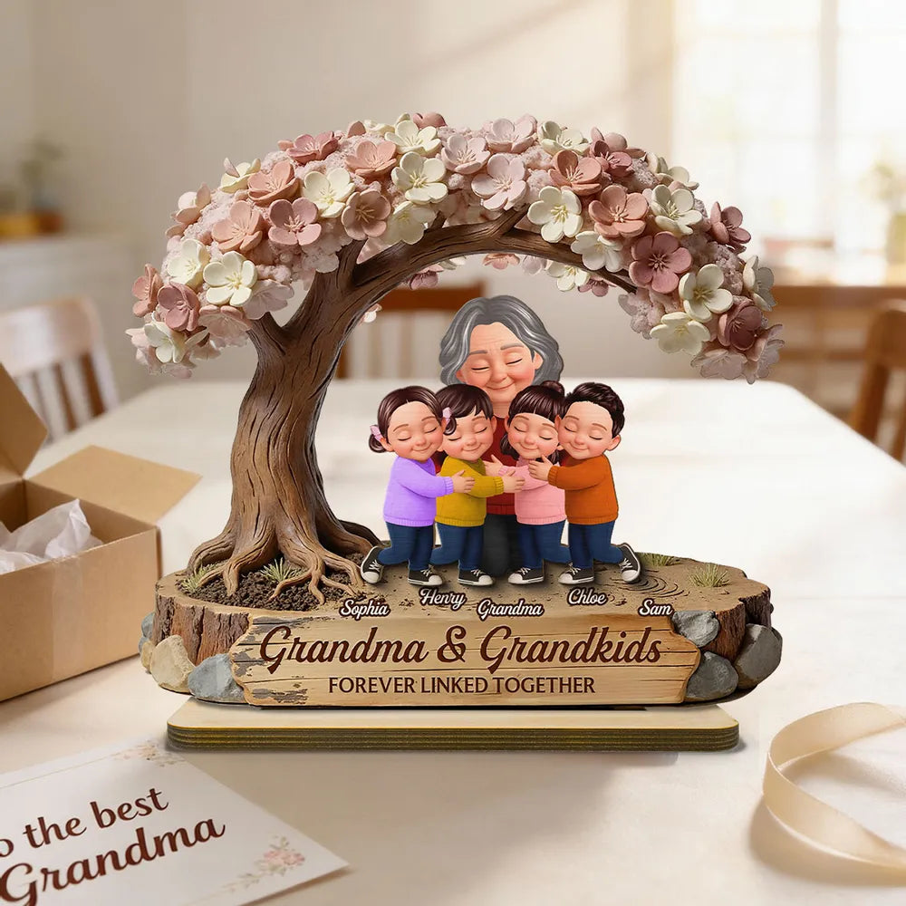 Personalized 2-Layer Wooden Plaque with Hugging Grandma & Grandkids Under Blossom Tree - Unique Family Keepsake Gift