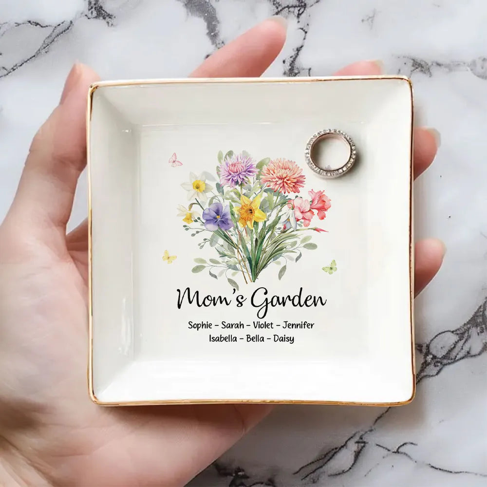 Mom's Garden Jewelry Dish, Personalized Floral Ring Holder for Daily Jewelry Storage, Thoughtful Gift for Mom