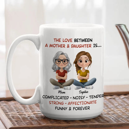 Personalized White Ceramic Mug Mother & Daughter Cute Cartoon Sitting Design - Unique Mother's Day Gift