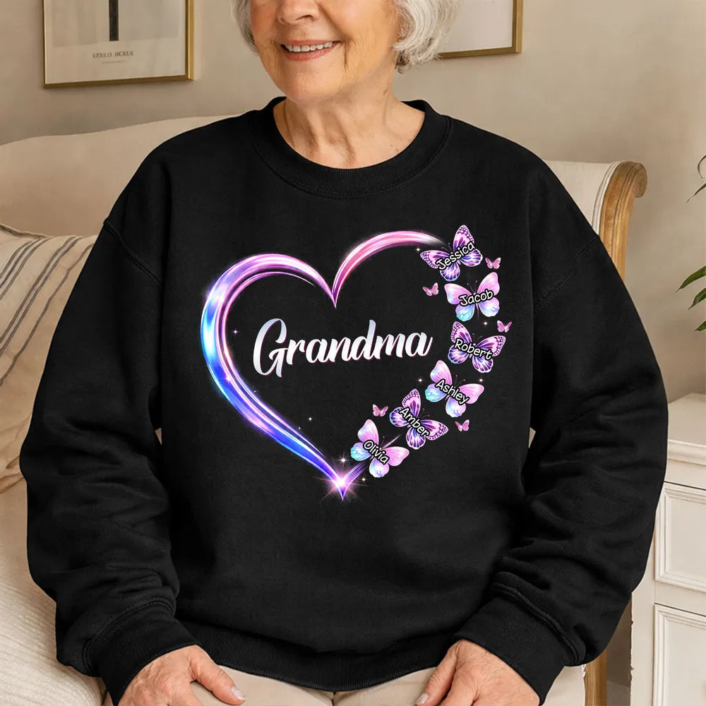 Personalized Grandma Butterfly Heart Classic Tee, Custom Keepsake Gift for Grandma, Glowing Neon Style Love Design