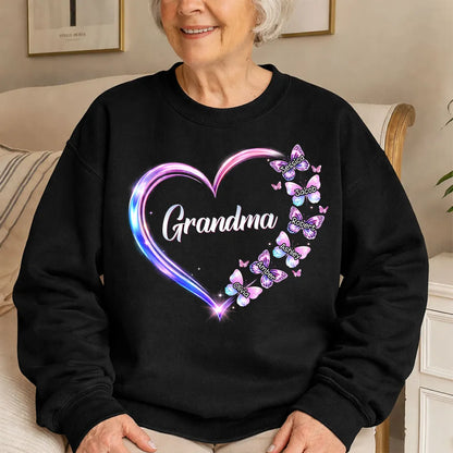 Personalized Grandma Butterfly Heart Classic Tee, Custom Keepsake Gift for Grandma, Glowing Neon Style Love Design