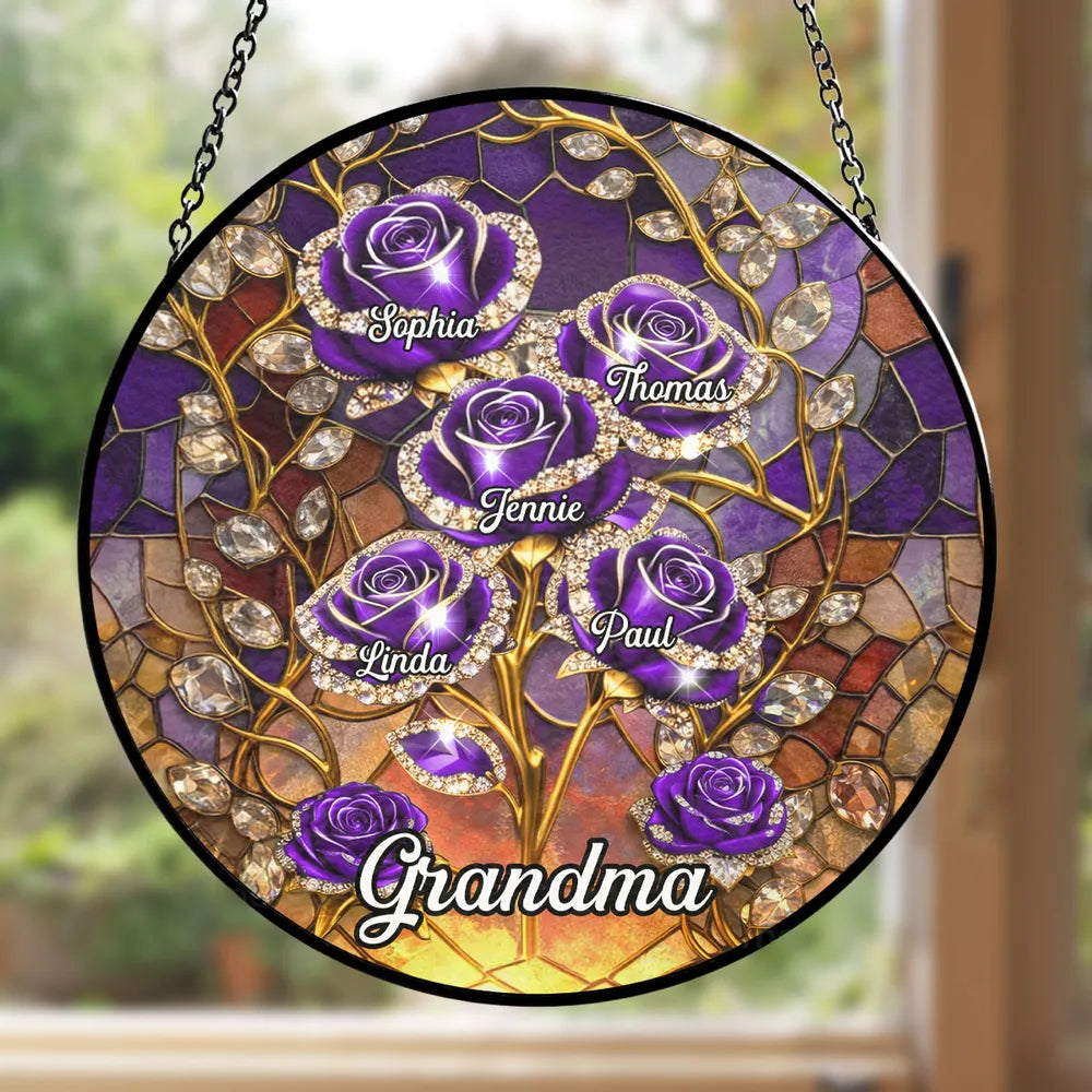 Personalized Glass Suncatcher Ornament with Purple Roses for Grandma, Stained Glass Style Window Display, Unique Keepsake Gift