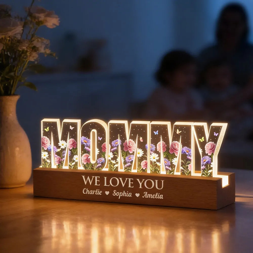 Personalized Block LED Light Plaque for Grandma with Floral Letters and Warm Glow, Unique Custom Gift for Family Love
