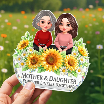 Personalized Shaped Acrylic Block Plaque, Mother & Daughter Forever Linked Together Sunflower Decor, Unique Gift for Mom