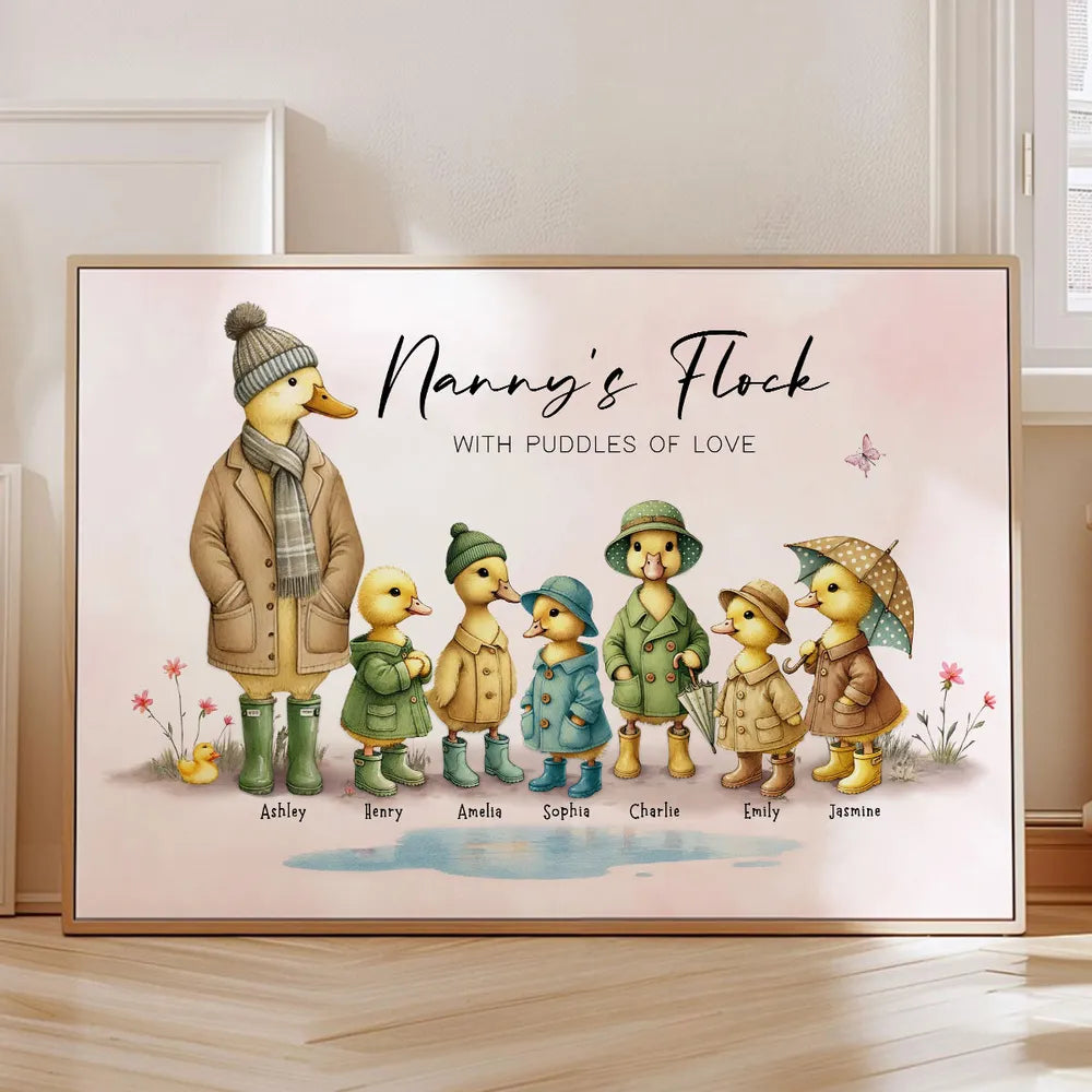 Personalized Nanny's Flock Poster, Cute Duck Family Wall Art, Unique Gift for Grandma or Nana, Warm Modern Decor