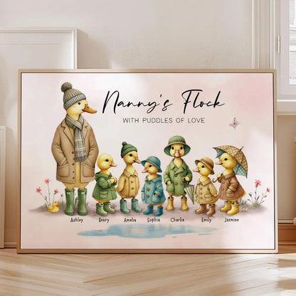 Personalized Nanny's Flock Poster, Cute Duck Family Wall Art, Unique Gift for Grandma or Nana, Warm Modern Decor