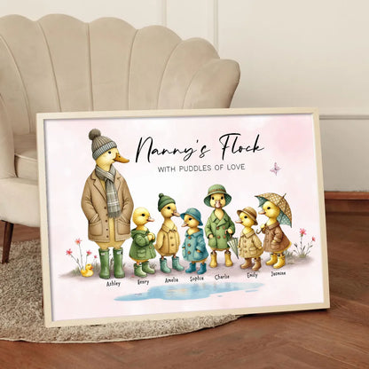 Personalized Nanny's Flock Poster, Cute Duck Family Wall Art, Unique Gift for Grandma or Nana, Warm Modern Decor