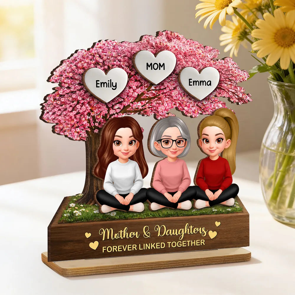Personalized 2-Layer Wooden Plaque Mother & Daughter Under Pink Blossom Tree, Heartfelt Unique Gift for Mom