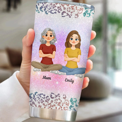 Personalized Insulated Travel Tumbler with Cute Cartoon Mom and Daughter - Unique Gift for Her, Bright Leopard Glitter Style
