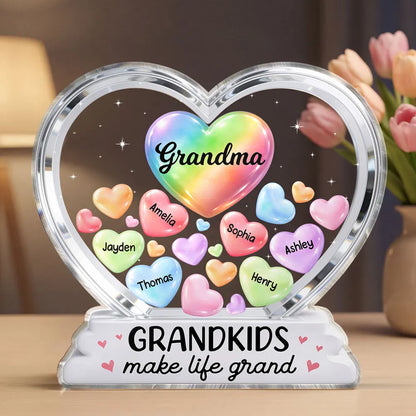 Personalized Shaped Acrylic Block Plaque for Grandma, Colorful Heart Grandkids Design, Sweet Shelf Decor, Unique Gift