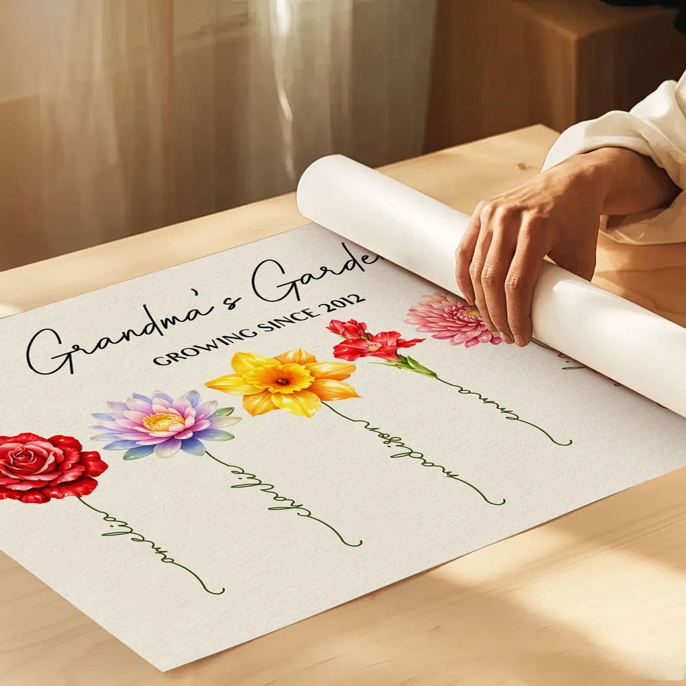 Personalized Grandma's Garden Birth Month Flower Poster, Vibrant Wall Art Keepsake, Unique Gift for Grandma