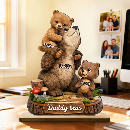 Personalized Papa Bear 2-Layer Wooden Plaque, Cute Bear Family Hugging Scene, Unique Father's Day Gift for Dad or Grandpa