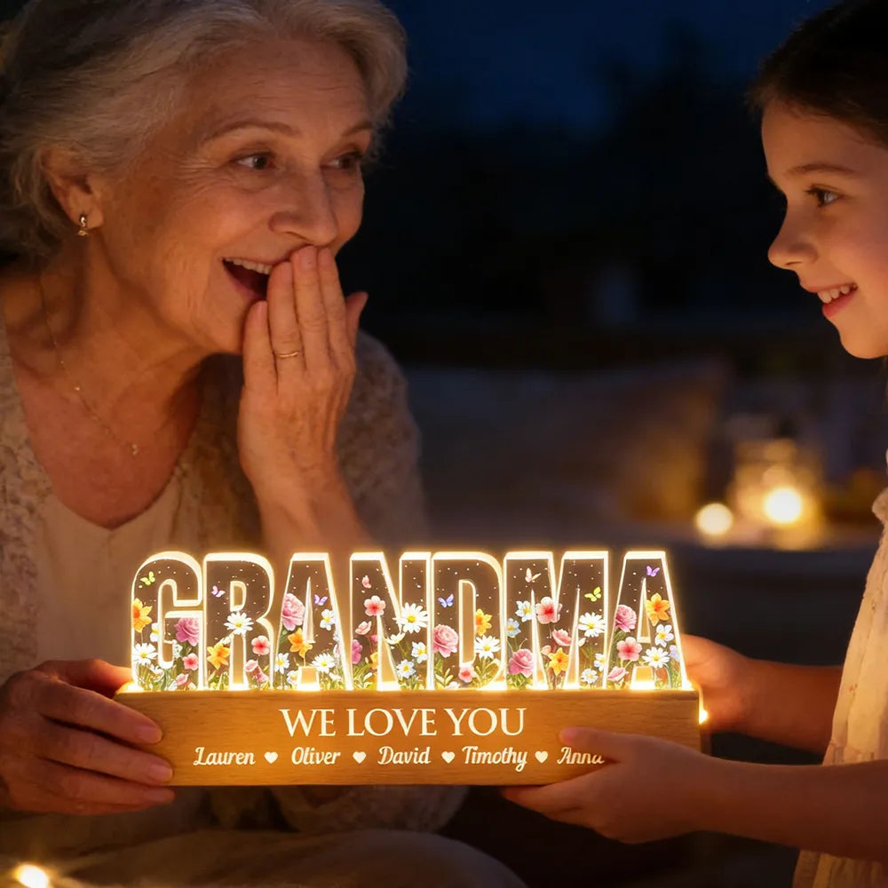 Personalized Block LED Light Plaque for Grandma with Floral Letters and Warm Glow, Unique Custom Gift for Family Love