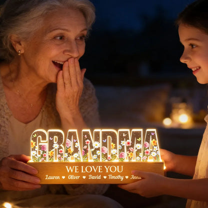 Personalized Block LED Light Plaque for Grandma with Floral Letters and Warm Glow, Unique Custom Gift for Family Love