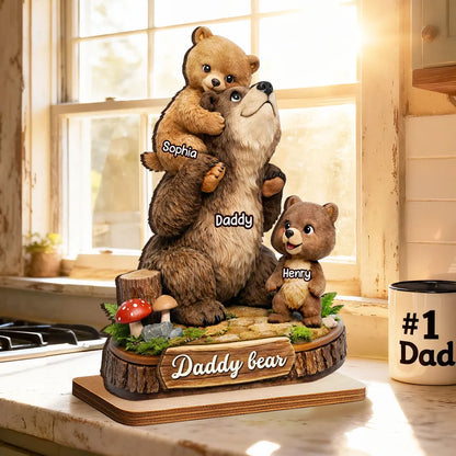 Personalized Papa Bear 2-Layer Wooden Plaque, Cute Bear Family Hugging Scene, Unique Father's Day Gift for Dad or Grandpa