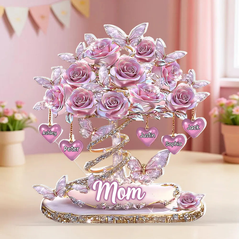 Personalized Heart Rose Tree Shaped Acrylic Block Plaque for Mom, Sparkly Butterfly Shelf Decor, Unique Gift